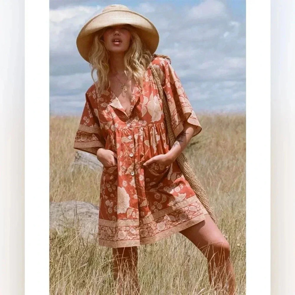 NWT SPELL & THE GYPSY Sloan Smock Mini Dress in Ochre Size M - Picture 1 of 16